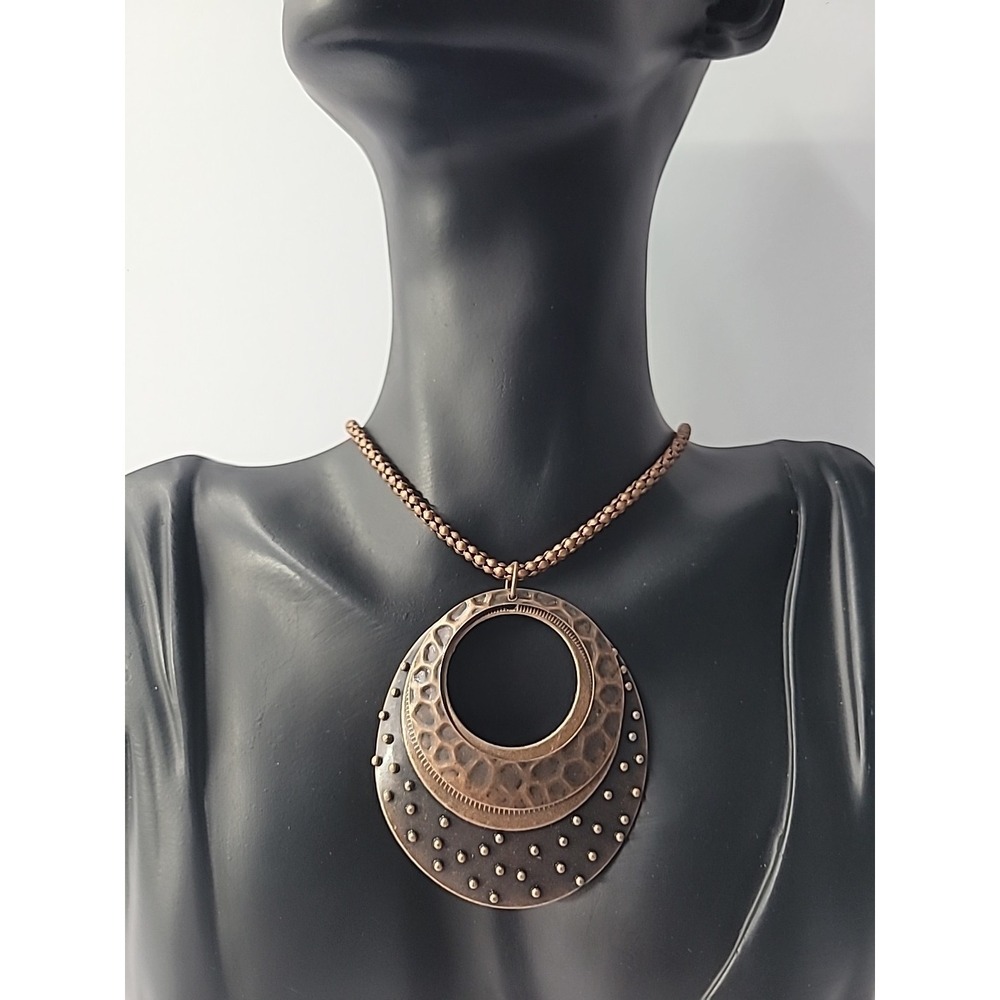 Vintage Copper Tone Layered Hammered Pendant Necklace Boho Tribal Style Textured